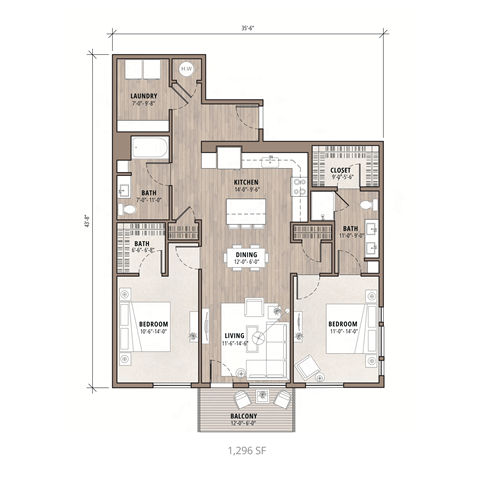 Floor plan for 2 beds, 2 baths, 1296 sqft